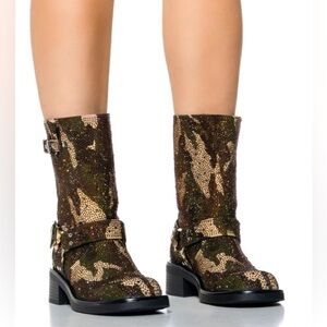Azalea Wang Camo Rhinestone Embellished Combat Booties